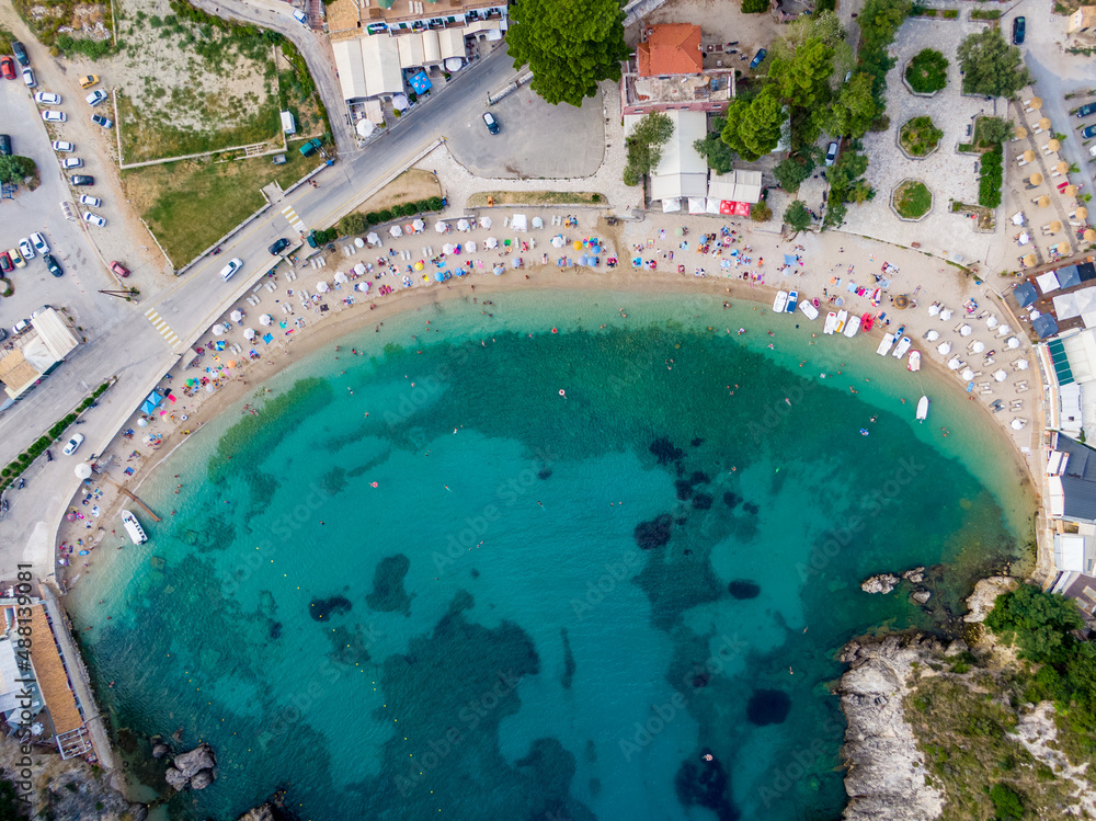 Beautiful aerial drone  view  of famous  Paleokastritsa beach in corfu island greece