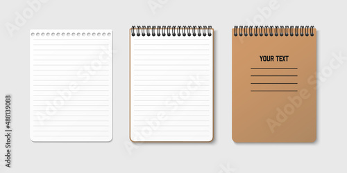 Horizontal spiral spring notepad with space for your image or text on gray isolated background in three variations. Lined sheet. Notebook vector clipart illustration. Top view