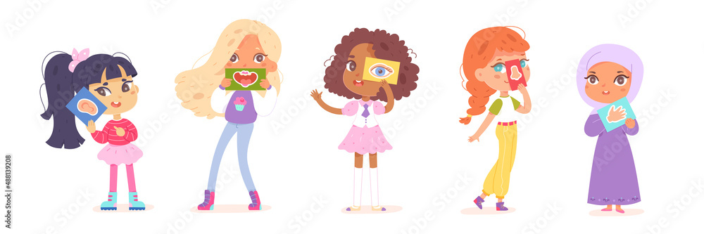 Five senses set, girls with 5 cards with organs of sight hearing smell taste and touch Five senses set, girls with 5 cards with organs of sight hearing smell taste and touch