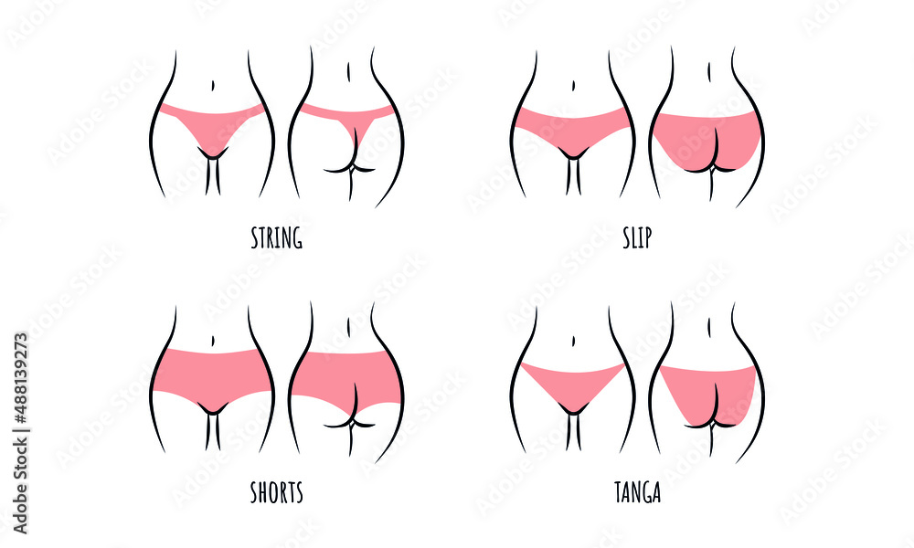 Types of Women's panties icon set.  Sketch clothing underwear items. Silhouette buttocks. String,  brazilian, culottes, bikini. Vector