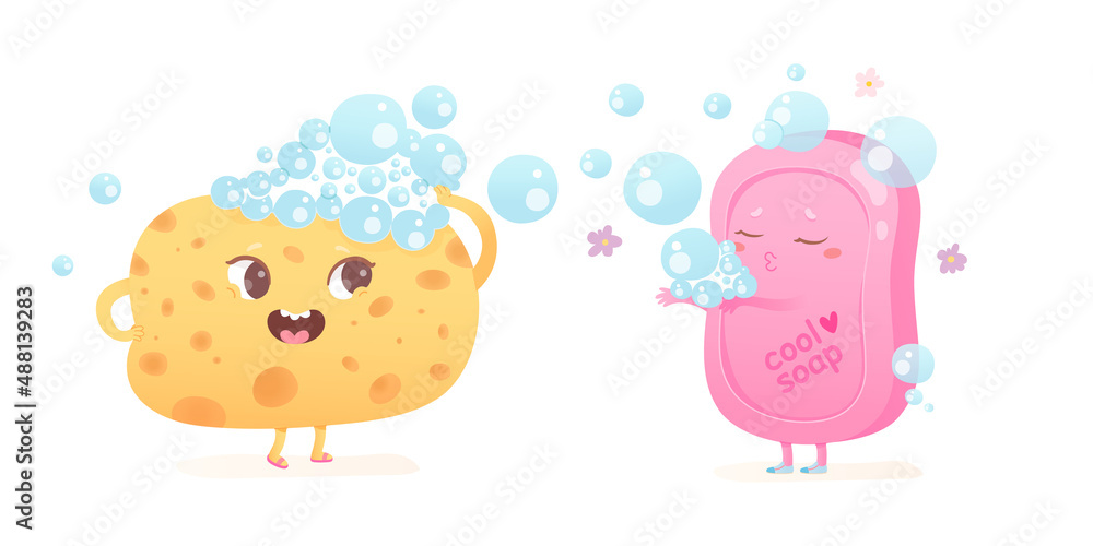 Cute sponge and soap characters for hygiene in bathroom and cleaning body, yellow loofah