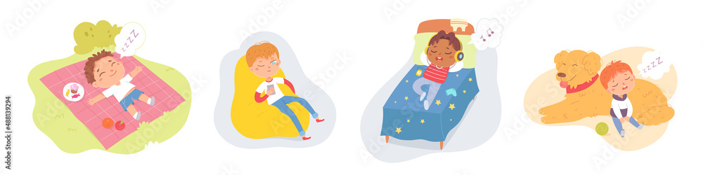 Lazy boys and girls sleep and relax set, tired kid falling asleep after playing, nap time Lazy boys and girls sleep and relax set, tired kid falling asleep after playing, nap time