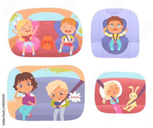 Kids travel by car set, boys and girls sit in backseat with seat belt, playing with phone