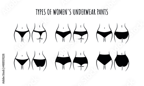 Types of Women's panties icon set.  Sketch clothing underwear items. Silhouette buttocks. String,  Brazilian, culottes, bikini. Vector