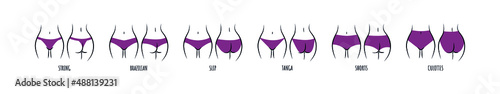 Types of women's panties set. Underwear silhouette flat icon. String,Tanga, Bikini, Slip, high waist, retro. Vector