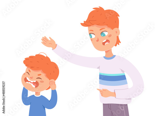 Conflict of angry father and crying son, dad screaming to unhappy kid covering ears