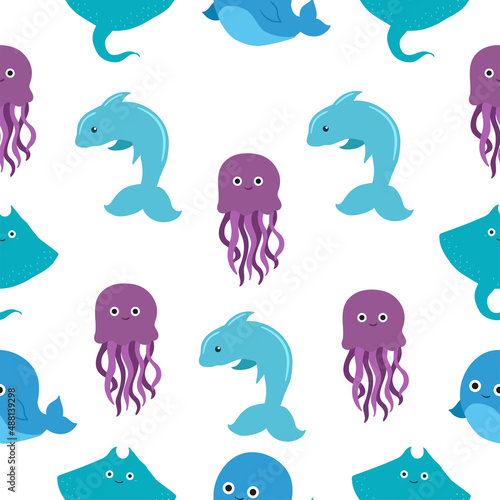 Underwater world with fish  stingrays  dolphins  octopuses and whales. Vector cute illustration of the ocean or sea. A set of marine and ocean underwater animals