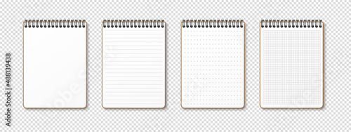 Horizontal spiral spring realistic notepad on transparent background. Lined, gridded, checkered grid, dotted and empty blank sheets. Notebook for homework and exercises. Vector illustration