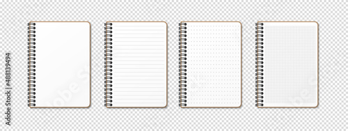 Vertical spiral spring realistic notepad on transparent background. Lined, gridded, checkered grid, dotted and empty blank sheets. Notebook for homework and exercises. Vector illustration