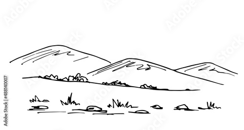 Simple black and white vector ink drawing. Wildlife, mountain landscape, bushes, grass in the foreground. The nature of mountainous countries, tourism, travel.