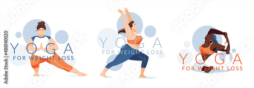 Banners of yoga school, studio. Yoga for weight loss. Flat design concept. Women of different races and bodies do yoga, yoga poses. Vector illustration