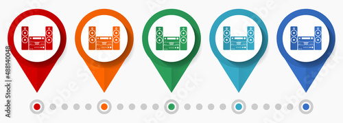 Stereo music equipmen concept vector icon set, flat design disco pointers, infographic template easy to edit