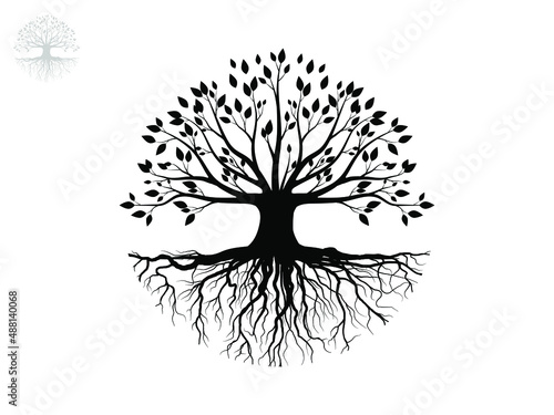 Tree and root silhouette isolated on white background. Tree and roots LOGO style.	