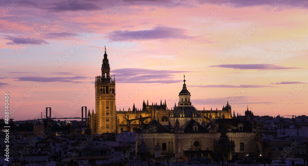 Panorama view of  the city skyline with sunset view at Seville Cathedral ,Spain