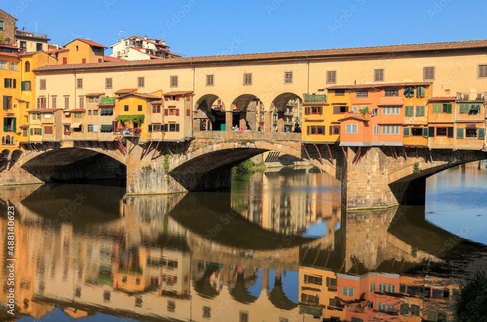 Reflection of the Ponte Vecchio on the Arno river, Florence, Tuscany, Italy, Europe