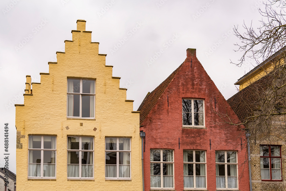 Old traditional style buildings in Langerei street in Historic city of Bruges