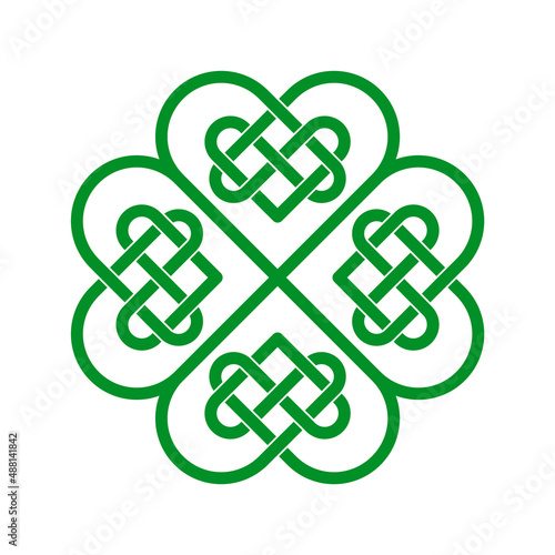 Celtic knot in a shape of shamrock. Green Irish heart. Four leaf clover lucky charms. Celtic endless love symbol. Saint Patrick's Day design element. Intertwined hearts. Vector illustration, clip art.