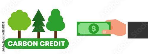 Carbon credit concept. Businessman buys carbon credits. CO2 pollution regulation. Environmental friendly practices in balance with greenhouse gases emission. Vector illustration, flat, clip art. 