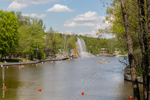 MOSCOW, RUSSIA - May 16, 2021: The famous "Golden Kolos" fountain in EANE