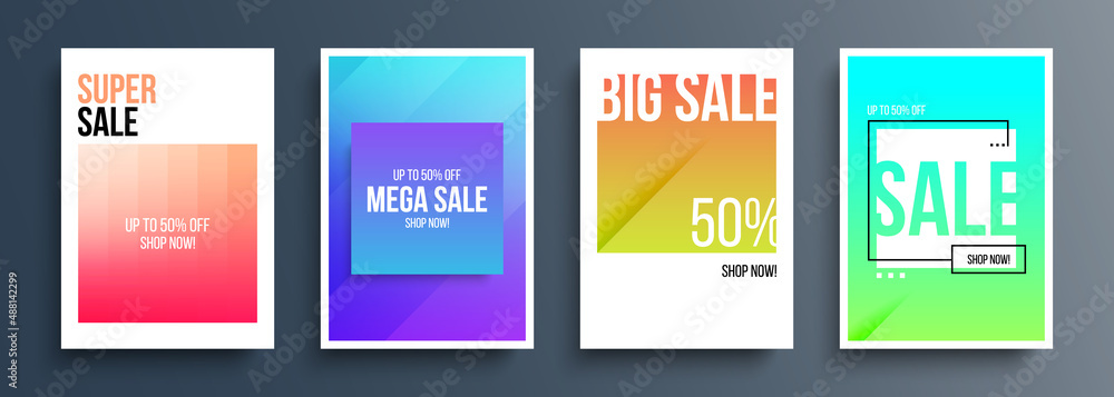 Set of promotional sale cards with color soft gradient. Sales backgrounds for business, promotion and advertising. Vector illustration. Set of promotional sale cards with color soft gradient. Sales backgrounds for business, promotion and advertising. Vector illustration.