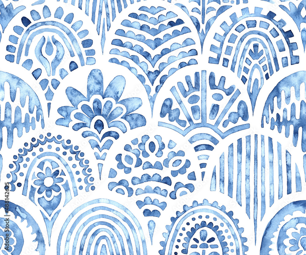 Seamless moroccan pattern. Wavy vintage tile. Blue and white watercolor