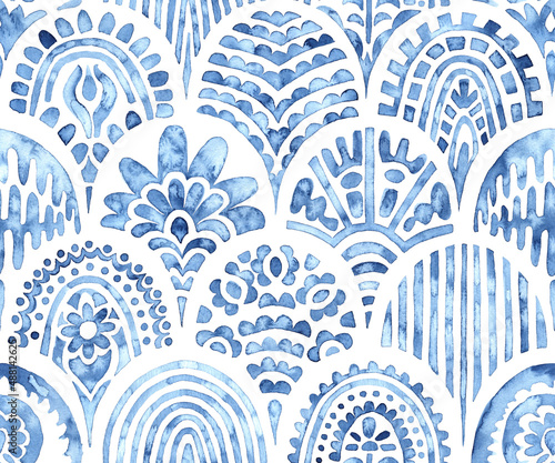Seamless moroccan pattern. Wavy vintage tile. Blue and white watercolor ornament painted with paint on paper. Handmade. Print for textiles. Set of grunge textures.