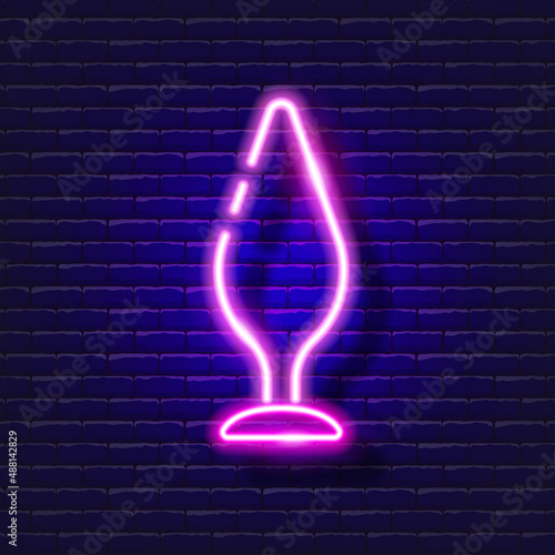 Butt plug neon icon. Sex shop concept. Toys for adults. Gadgets for love. Vector sign for design, website, signboard, banner, advertisement.