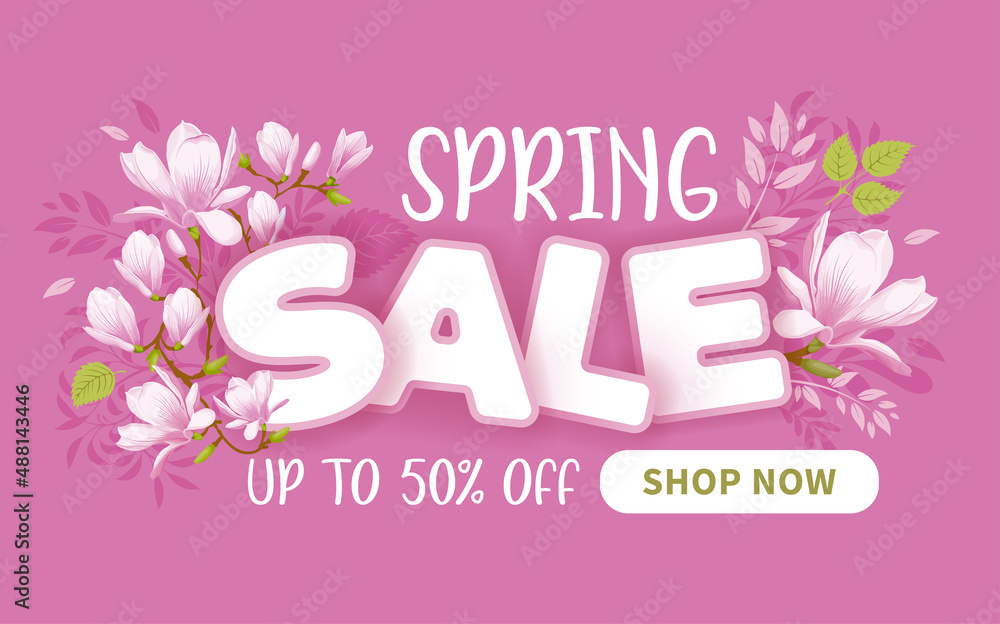 Advertising banner about seasonal spring sale. Expressive lettering, spring fresh leaves, blooming magnolia flowers and button for shop now on pink background. Cartoon style. Vector illustration.
