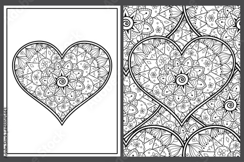 Zentangle floral heart coloring pages set in US Letter format. Black and white love patterns for antistress coloring book. Valentine’s Day mandala. Vector illustration