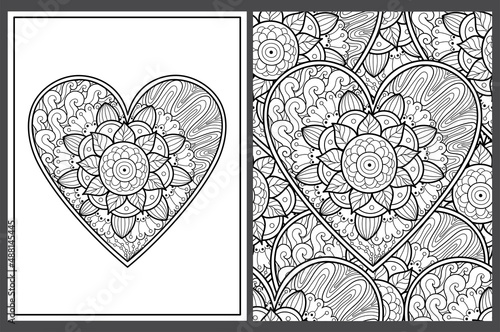 Cute zentangle floral heart coloring pages set in US Letter format. Black and white love patterns for antistress coloring book. Valentine’s Day mandala. Vector illustration