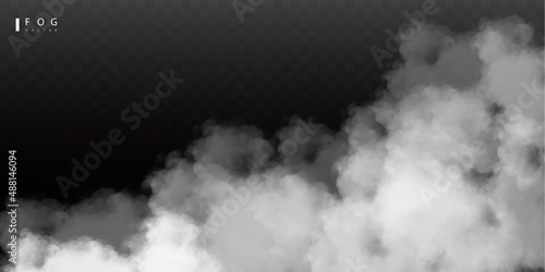 White fog or smok. Realistic fog. Atmosphere mist effect and smoke clouds isolated on transparent background. Vector abstract cloud texture