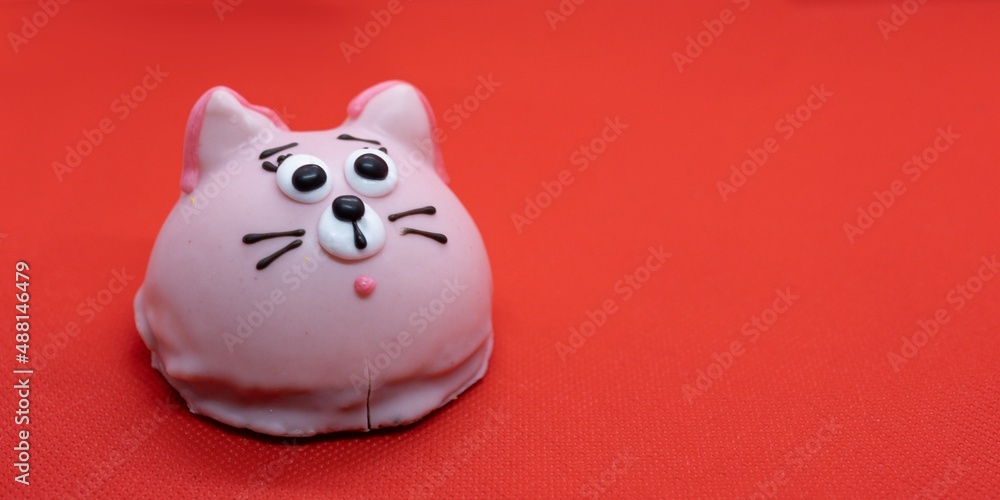 chocolate cookies with cream. red background. cat chocolate cookies with cream. red background. cat