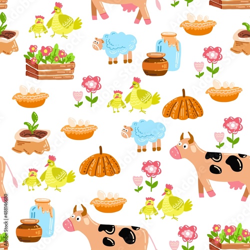 Seamless pattern of farm elements. Animals, Gardening Cartoon Style
