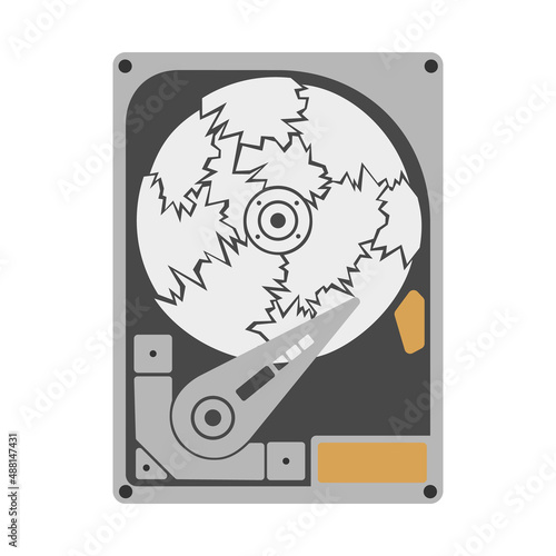 Broken hard disk drive on white background. Opened HDD internal circuit with plate crashed on pieces in simple flat style. Vector element for technical design, computer repair, data recovery concept
