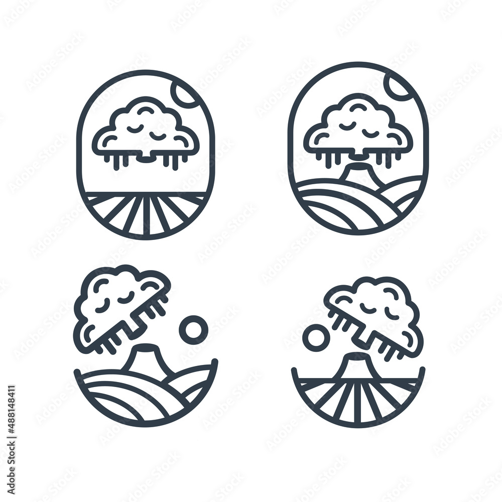 Set of fallen tree landscape logo in rice fields with twilight atmosphere. suitable for farm logos, cafes, restaurants. line design. Vector illustration. oval element Set of fallen tree landscape logo in rice fields with twilight atmosphere. suitable for farm logos, cafes, restaurants. line design. Vector illustration. oval element