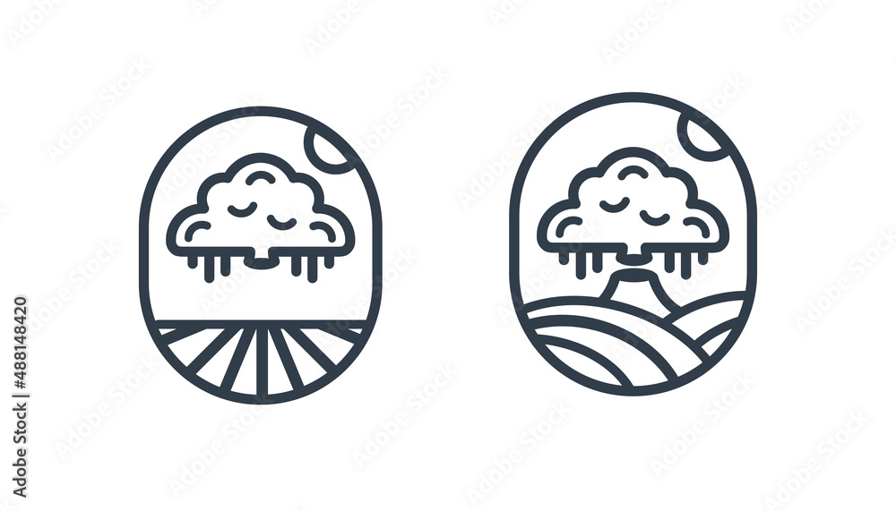 fallen tree landscape logo in rice fields with twilight atmosphere. suitable for farm logos, cafes, restaurants. line design. Vector illustration. oval element fallen tree landscape logo in rice fields with twilight atmosphere. suitable for farm logos, cafes, restaurants. line design. Vector illustration. oval element