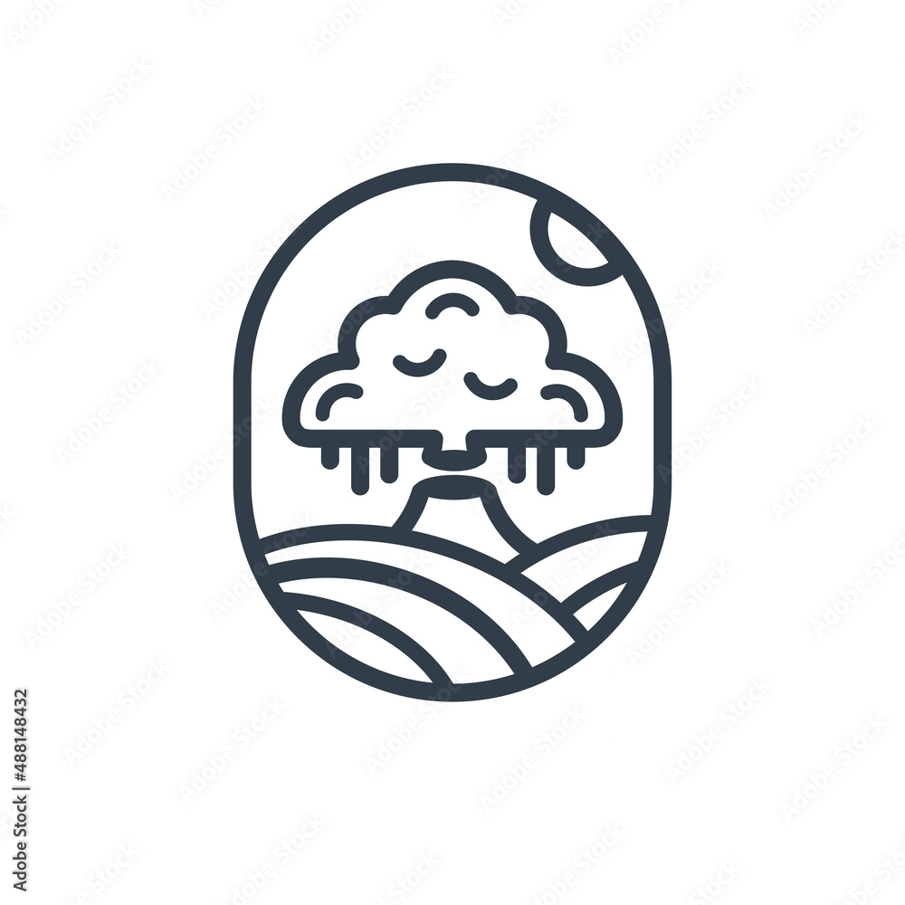fallen tree landscape logo in rice fields with twilight atmosphere. suitable for farm logos, cafes, restaurants. line design. Vector illustration. oval element fallen tree landscape logo in rice fields with twilight atmosphere. suitable for farm logos, cafes, restaurants. line design. Vector illustration. oval element