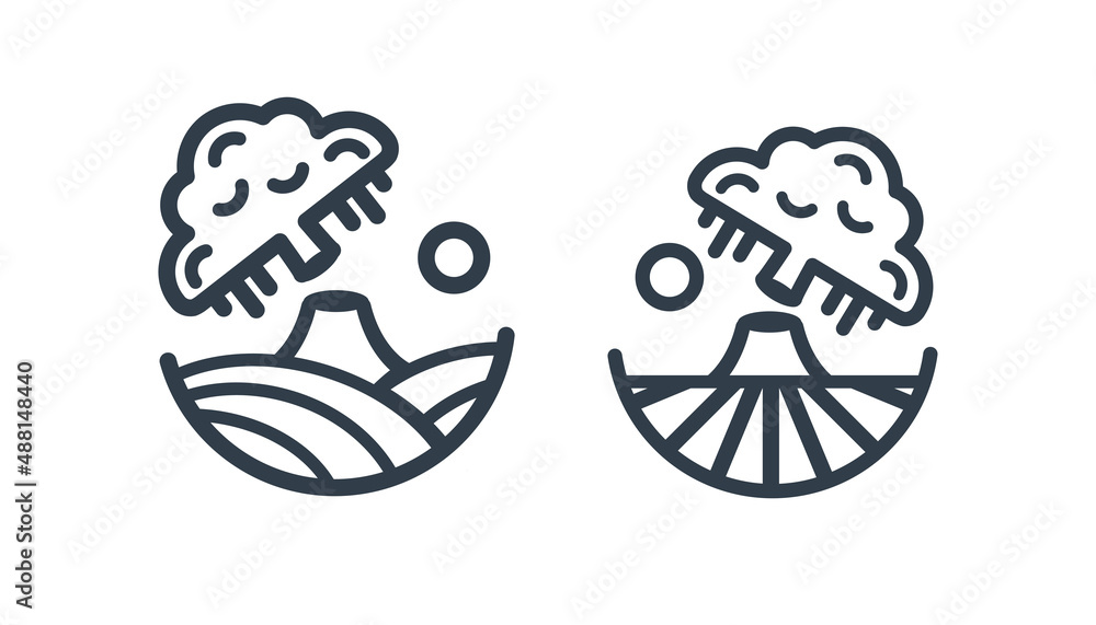 Obraz premium fallen tree landscape logo in rice fields with twilight atmosphere. suitable for farm logos, cafes, restaurants. line design. Vector illustration. oval element