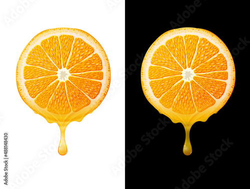 Orange slice with drops of fresh juice isolated on white and black. Orange juice flows from round cut of orange fruit. Vector image for fresh drinks, agriculture, healthy nutrition, cooking, etc