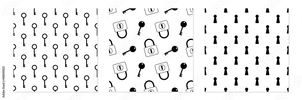 Set, collection of three vector seamless pattern backgrounds with locks and keys.
Set, collection of three vector seamless pattern backgrounds with locks and keys.