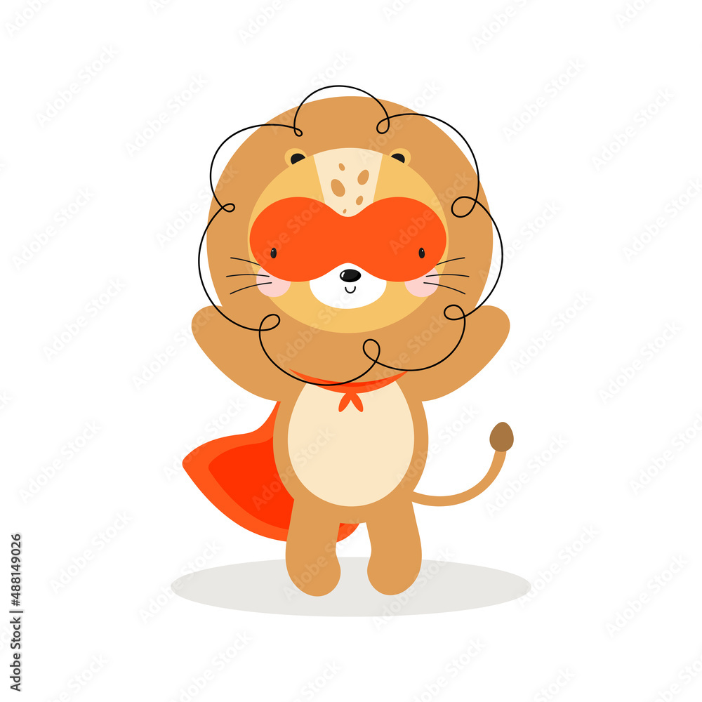 Cute Lion Superhero. Cartoon style. Vector illustration in white background. For kids stuff, card, posters, banners, children books and print for clothes, t shirts.	