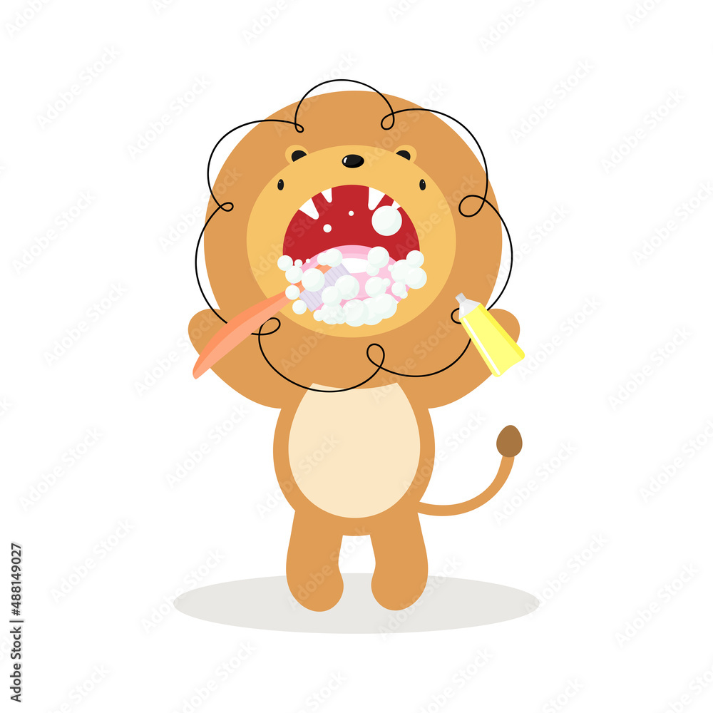 Cute Lion brushing his teeth. Dental concept for children dentistry. Vector illustration in cartoon style. For kids stuff, card, posters, banners, children books and print for clothes, t shirts. Cute Lion brushing his teeth. Dental concept for children dentistry. Vector illustration in cartoon style. For kids stuff, card, posters, banners, children books and print for clothes, t shirts.