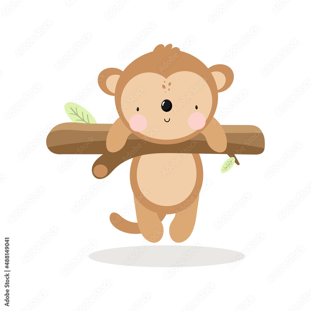 Obraz premium Cute Monkey on the branch in cartoon style. Vector illustration in white background. For kids stuff, card, posters, banners, children books and print for clothes, t shirts.