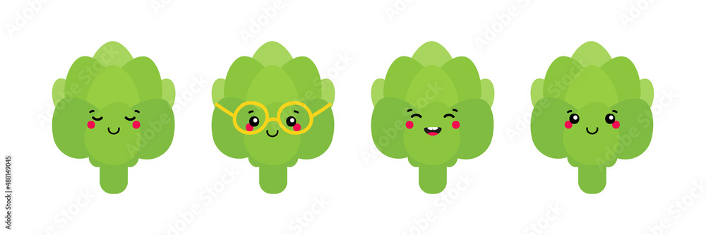 Set, collection of cute green artichoke characters for organic, healthy food and meal cooking design. Set, collection of cute green artichoke characters for organic, healthy food and meal cooking design.