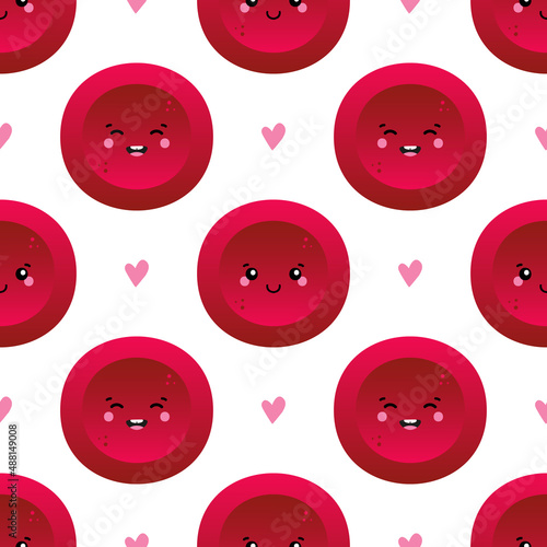 Cute red blood cells, erythrocytes characters and hearts vector seamless pattern background for blood donation, medical and healthcare design.