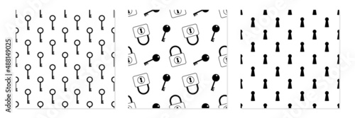 Set, collection of three vector seamless pattern backgrounds with locks and keys.
