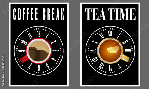2 affiches pour annoncer l’heure du thé et du café - graphiques, modernes avec une typographie personnalisée pour chaque boisson et un fond noir.