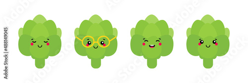 Set, collection of cute green artichoke characters for organic, healthy food and meal cooking design.