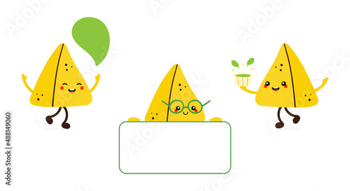 Set, collection of cute cartoon style samosa, indian baked savory pastry characters doing different things, holding card, speaking, walking with a bowl of chutney.
