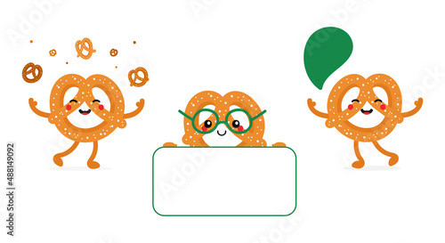 Set, collection of cute cartoon style pretzel characters holding card, speaking, juggling little pretzels.
